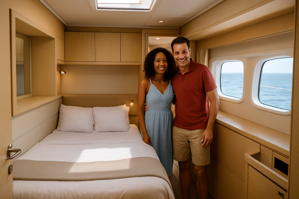 Couple relaxing on the deck of a sailboat during a cabin charter cruise