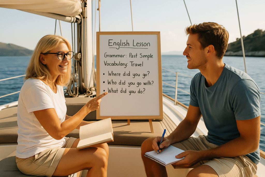 Students attending an English lesson with a professional coach aboard a sailing yacht