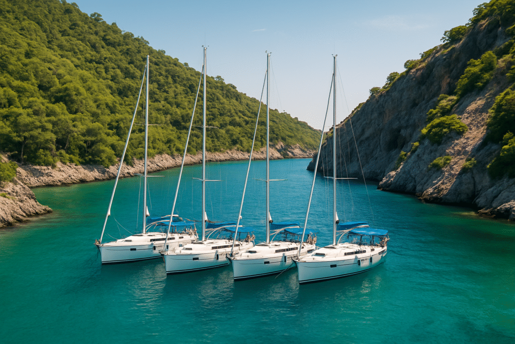 Three catamarans anchored together on a turquoise Mediterranean sea, seen from above