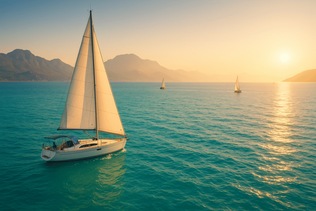 Sailing yacht cruising in turquoise waters with mountains in the background