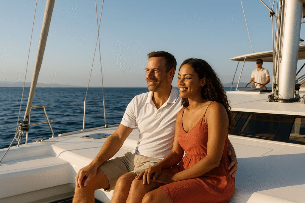 Professional skipper steering a sailing yacht during a charter cruise